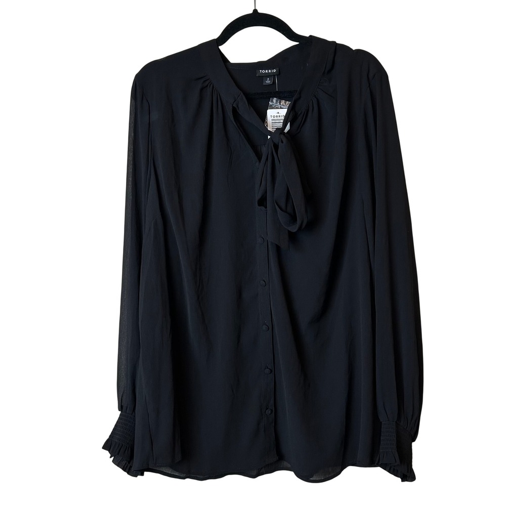 Torrid Sheer Chiffon Bow Button Up Flowy Going Out Top Long Sleeve Black Chic 2X